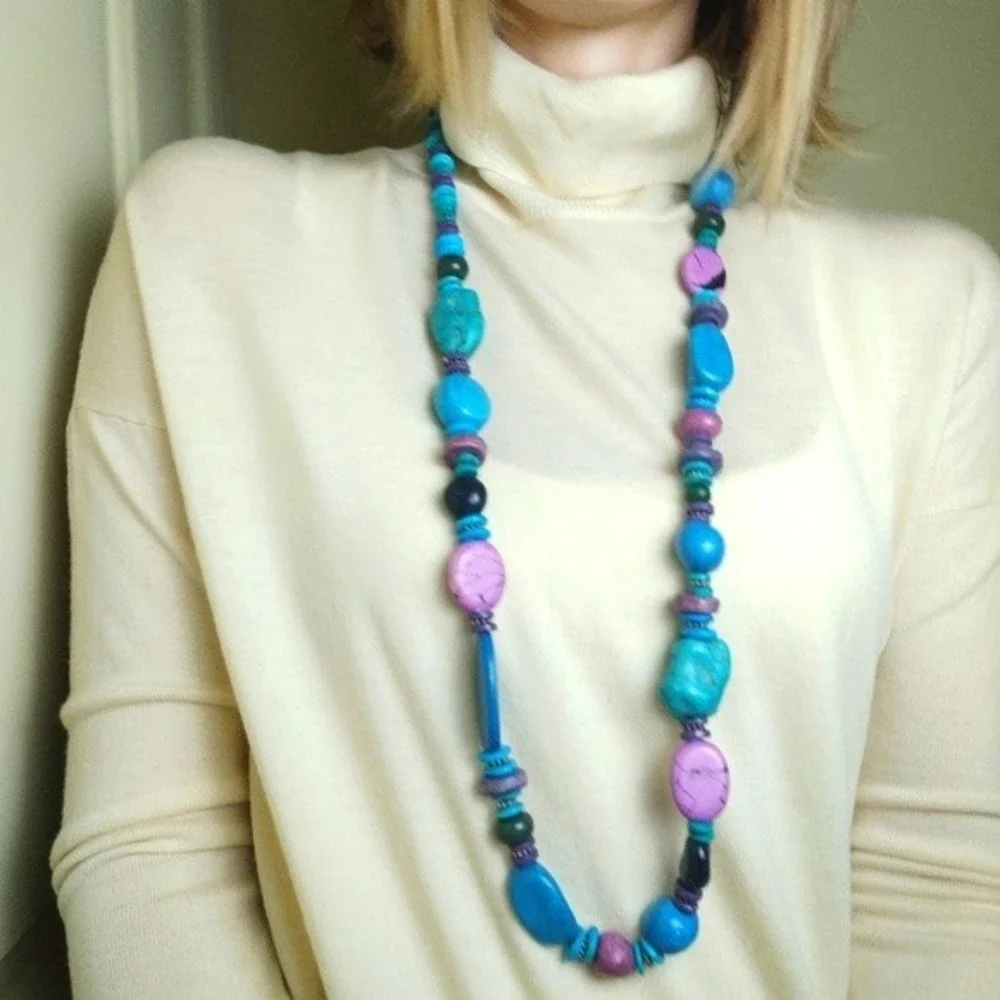 Vintage Turquoise, Purple, Green Stone Beaded Long Statement Necklace - Picture 2 of 4